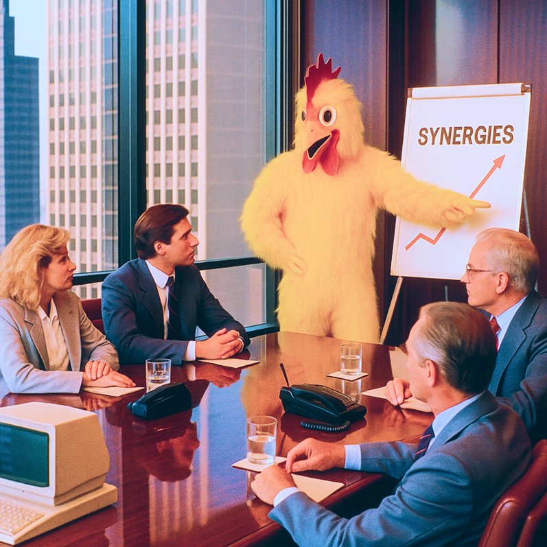 executives in a boardroom reviewing team-building outcomes with a humorous chicken theme