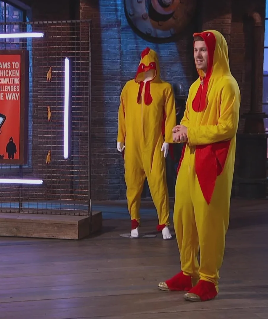 Pitching Chicken Rush in the Dragons' Den, in the Chicken costume